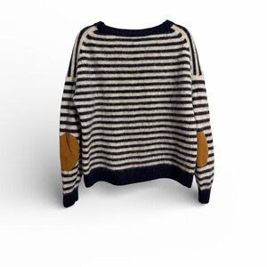 J. Crew Navy and Cream Striped Sweater with Brown Elbow Patches Large 100% Wool
